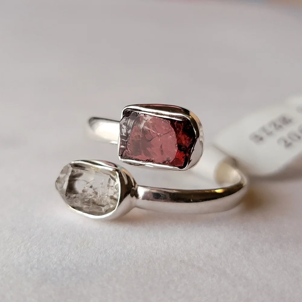 Garnet with Herkimer Diamond Sterling Silver Bypass Gemstone Ring